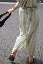 Load image into Gallery viewer, Linen Blend Striped Tie Maxi Skirt in Green