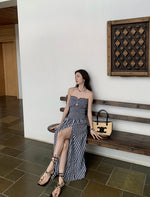 Load image into Gallery viewer, Checked Bustier Slit Maxi Dress in Black