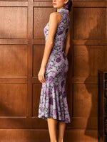 Load image into Gallery viewer, Floral Stretch Midi Cheongsam in Purple