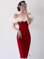 Load image into Gallery viewer, Symi Contrast Ruffle Off Shoulder Sheath Dress in Red