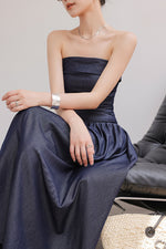 Load image into Gallery viewer, Chambray Bustier Maxi Dress in Navy