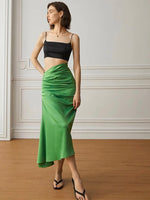 Load image into Gallery viewer, High Waist Gathered Satin Skirt in Green