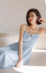 Load image into Gallery viewer, Ribbon Tie Gather Dress in Blue