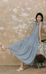 Load image into Gallery viewer, Ribbon Tie Tiered Maxi Dress in Blue