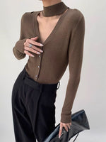 Load image into Gallery viewer, High Neck Cutout Button Top in Brown