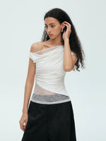 Load image into Gallery viewer, Toga Gathered Stretch Lace Top in White