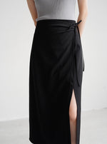 Load image into Gallery viewer, Midi Wrap Tie Slit Skirt in Black
