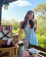 Load image into Gallery viewer, Linen Blend Tie Back Halter Maxi Dress in Blue