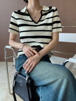 Load image into Gallery viewer, Striped Knit Polo Top in White/Black