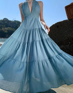 Load image into Gallery viewer, Drop Back Tier Halter Maxi Dress in Blue