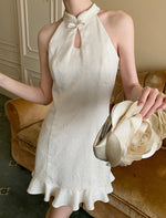 Load image into Gallery viewer, Floral Flute Hem Cheongsam Dress in Cream