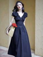 Load image into Gallery viewer, Puff Sleeve Pocket Maxi Dress in Black