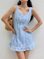 Load image into Gallery viewer, Checked Sleeveless Mini Dress in Blue