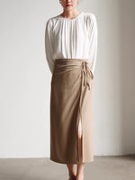 Load image into Gallery viewer, Midi Wrap Tie Slit Skirt in Tan