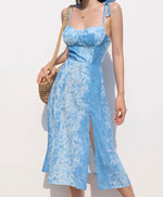 Load image into Gallery viewer, Alps Printed Slit Tie Strap Dress in Blue