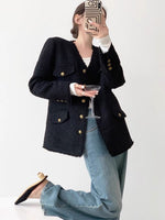 Load image into Gallery viewer, Long Tweed Button Jacket in Black