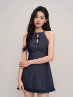 Load image into Gallery viewer, Chambray Bow Mini Dress in Navy