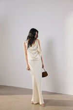 Load image into Gallery viewer, Satin Asymmetric Drape Top // Maxi Slip Skirt Set in Cream