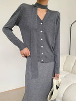 Load image into Gallery viewer, Light Knit Cardigan + Neck Tie in Grey