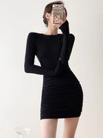 Load image into Gallery viewer, Long Sleeve Shirring Mini Bodycon Dress in Black