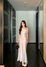 Load image into Gallery viewer, Toga Flare Hem Satin Gown in Champagne
