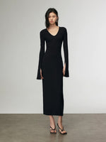 Load image into Gallery viewer, Flute Sleeve Stretch Dress in Black