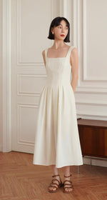 Load image into Gallery viewer, Square Neck Pleat Midi Dress in Cream