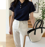Load image into Gallery viewer, Korean Soft Waffle Polo Top in Navy