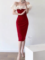 Load image into Gallery viewer, Symi Contrast Ruffle Off Shoulder Sheath Dress in Red