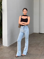 Load image into Gallery viewer, Split Hem Stretch Jeans in Blue