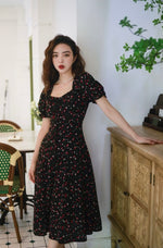 Load image into Gallery viewer, Floral Cutout Back Puff Sleeve Dress in Black