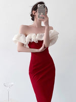 Load image into Gallery viewer, Symi Contrast Ruffle Off Shoulder Sheath Dress in Red