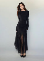 Load image into Gallery viewer, Asymmetric Tulle Panel Stretch Dress in Black
