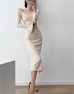 Load image into Gallery viewer, Split Sleeve Twist Midi Dress in Beige