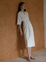 Load image into Gallery viewer, Mandarin Knot Shift Dress in Cream