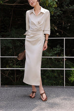 Load image into Gallery viewer, Satin Gathered Shirt Dress in Champagne