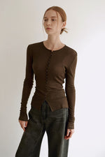 Load image into Gallery viewer, Korean Magie Tencel Blend Stretch Button Top in Brown