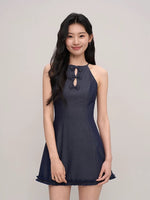 Load image into Gallery viewer, Chambray Bow Mini Dress in Navy