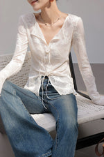 Load image into Gallery viewer, Floral Flute Sleeve Tie Top in White