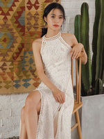 Load image into Gallery viewer, Cutout Back Lace Slit Maxi Dress in White