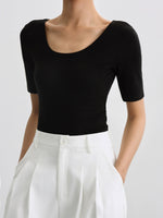 Load image into Gallery viewer, Scoop Neck Mid Sleeve Stretch Top in Black