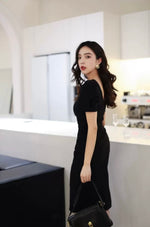 Load image into Gallery viewer, Puff Sleeve Stretch Sheath Dress in Black