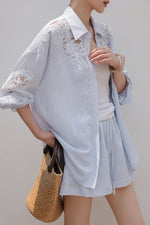 Load image into Gallery viewer, Linen Floral Lace Shirt // Shorts Set in Blue