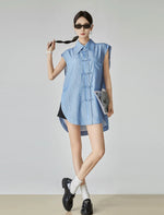Load image into Gallery viewer, Oversized Striped Pankou Sleeveless Shirt in Blue