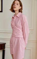 Load image into Gallery viewer, Long Sleeve Striped Wrap Shirt Dress in Pink