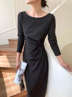 Load image into Gallery viewer, Boatneck Gathered Midi Dress in Black