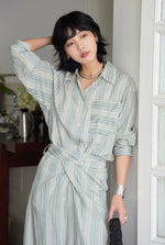 Load image into Gallery viewer, Linen Blend Striped Shirt in Green