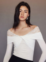 Load image into Gallery viewer, Off Shoulder Lace Trim Twist Top in White