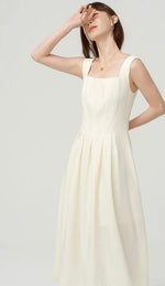 Load image into Gallery viewer, Square Neck Pleat Midi Dress in Cream