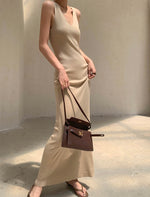 Load image into Gallery viewer, Knitted Maxi Sleeveless Dress in Kahki